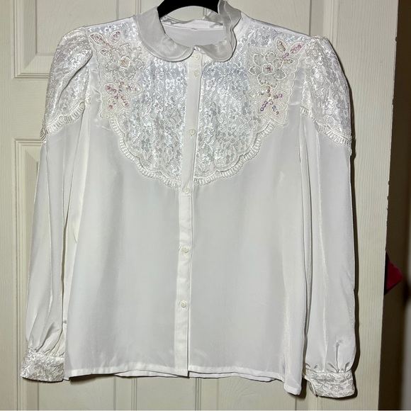 Elegant Women's Vintage Embroidered and Beaded Floral Silk Long Sleeve Blouse - Picture 8 of 8